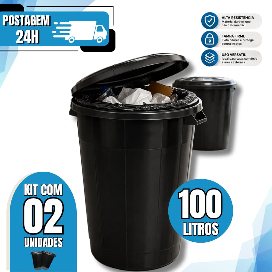 Kit 2 Cesto de Lixo Lixeira 100 Litros Grande Com Tampa Preto Reforçado - Inplast
