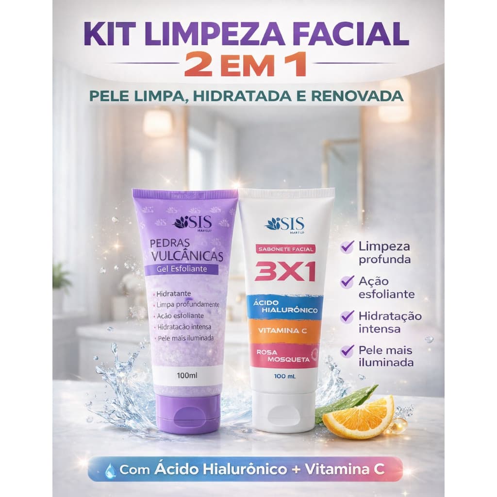 kit com 2 itens Skincare Limpeza Facial + Hidratação com Ácido Hialurônico e Vitamina C