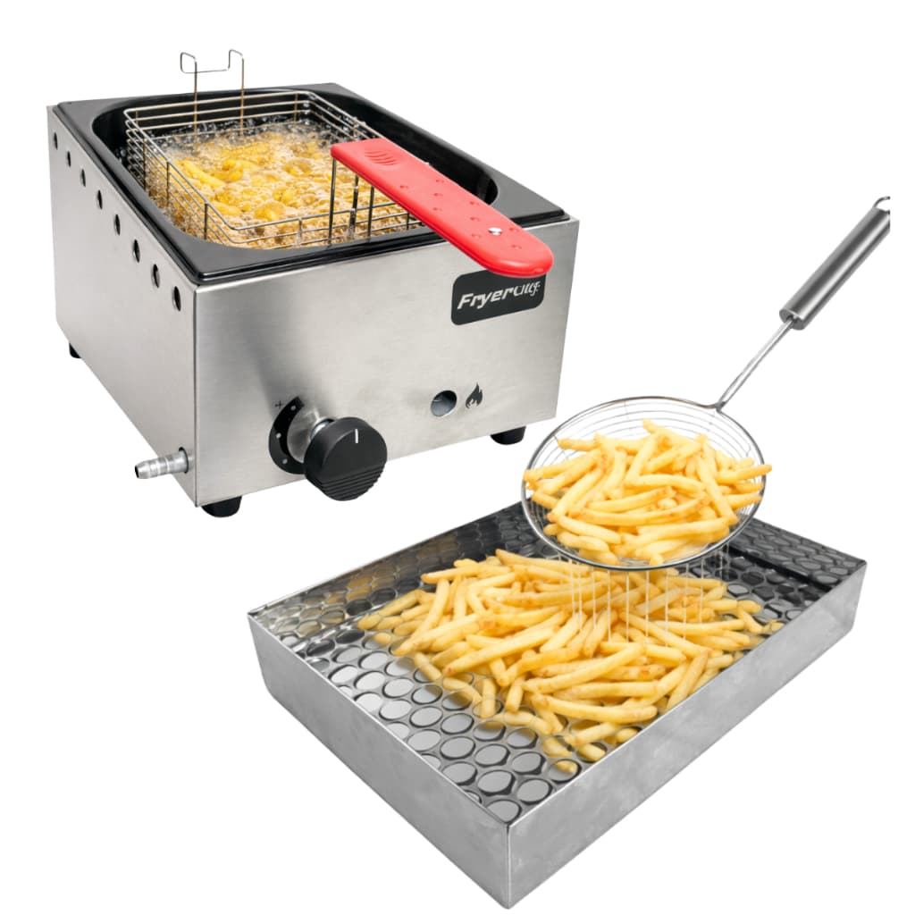 Kit Fritadeira Cuba a gás com Escorredor de Fritura e Escumadeira Inox Batata Frita Pastel