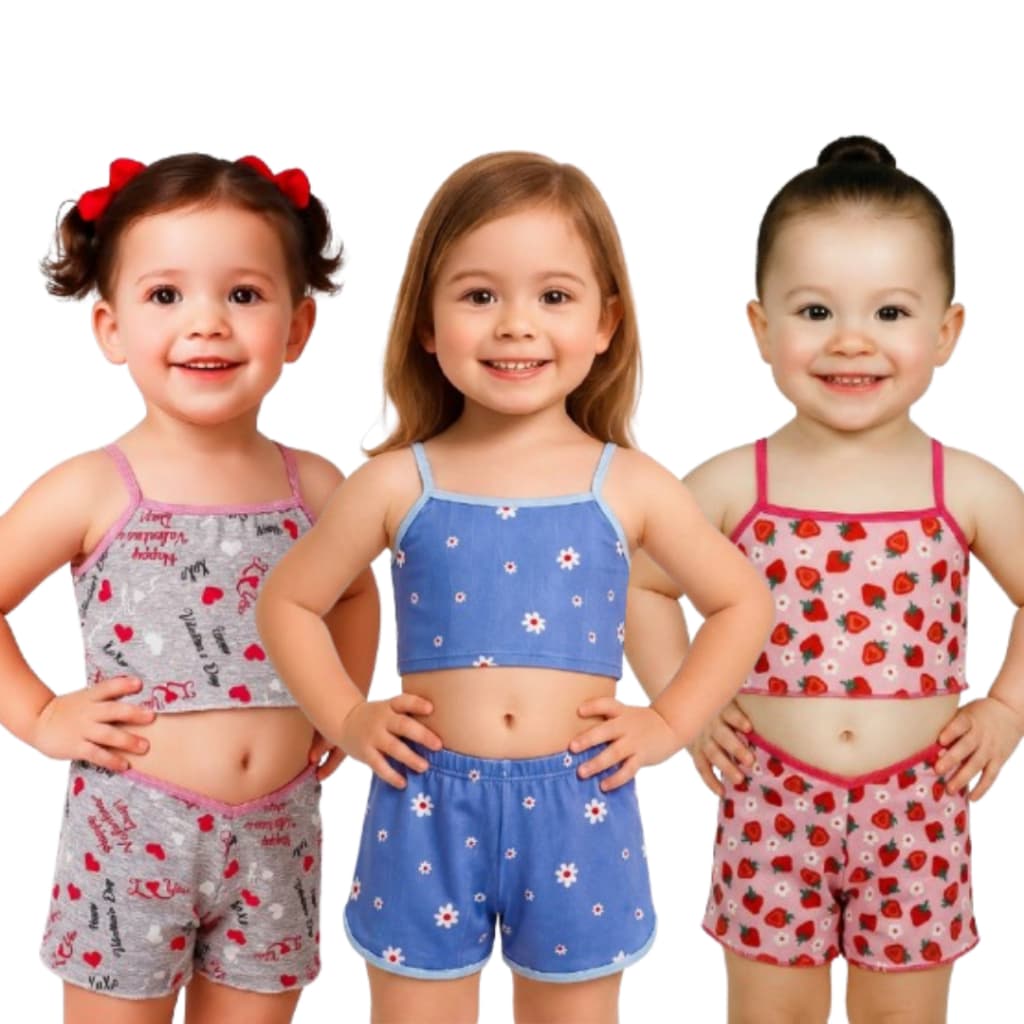 Kit 5 Pijama baby doll Malha Infantil Moda Verão fresco para Meninas Alcinha