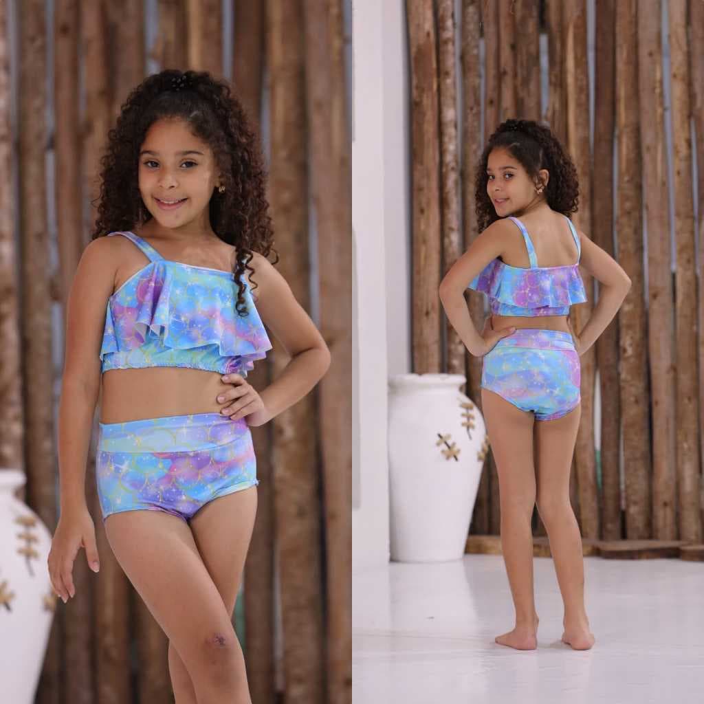 Biquini estampado infantil menina praia piscina alça babado