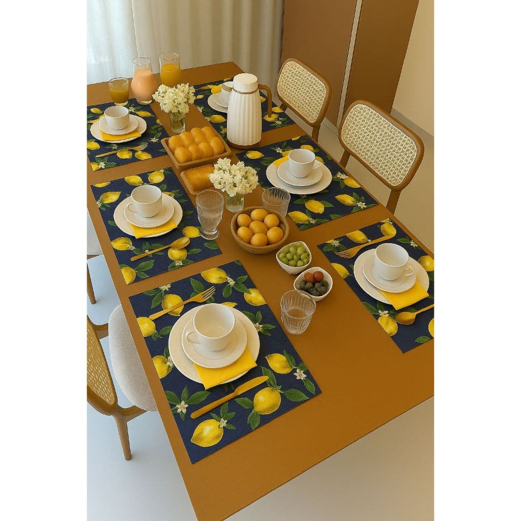 Kit Jogo Americano 4 - 8 -12 Peças COMPLETO+ Guardanapos Estampado Limão Siciliano Azul Marinho Mesa