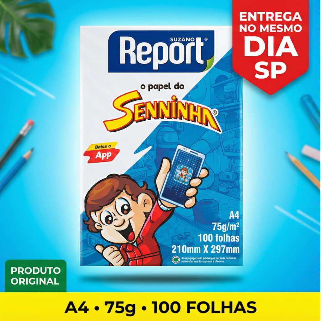 Papel Sulfite A4 com 100 Folhas Seninha Report Branco Qualidade Escolar Resma Desenhar Pintar