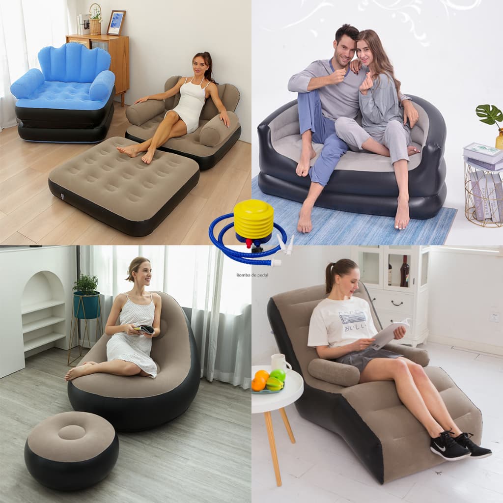 Sofá Inflável Multifuncional 4 Modelos | Cama de Ar Portátil com Bomba de Ar Manual Grátis Inclui almofadas de reparo ad