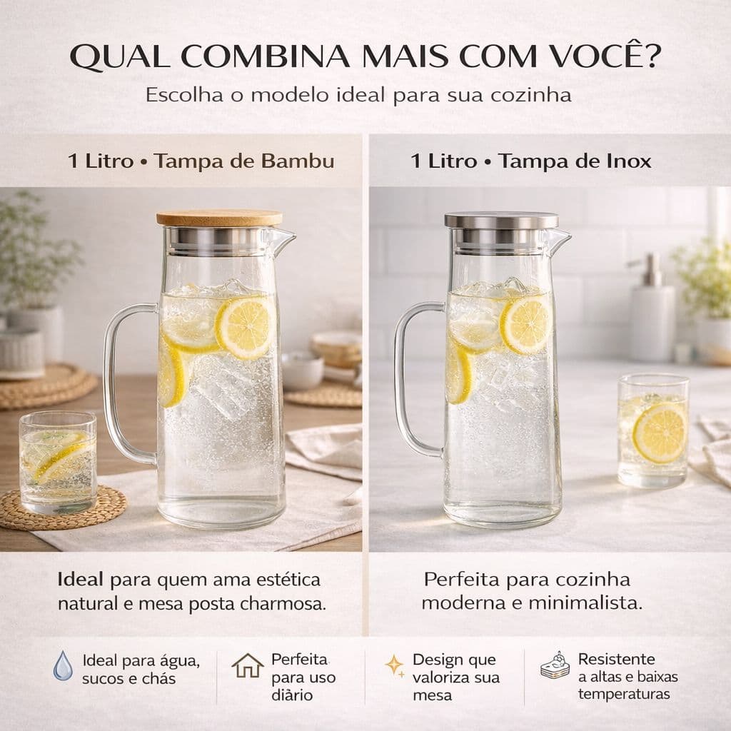 Jarra de Vidro Borossilicato 1 Litro com Tampa em Inox ou Bambu – Resistente ao Calor – Moderno e Sofisticado