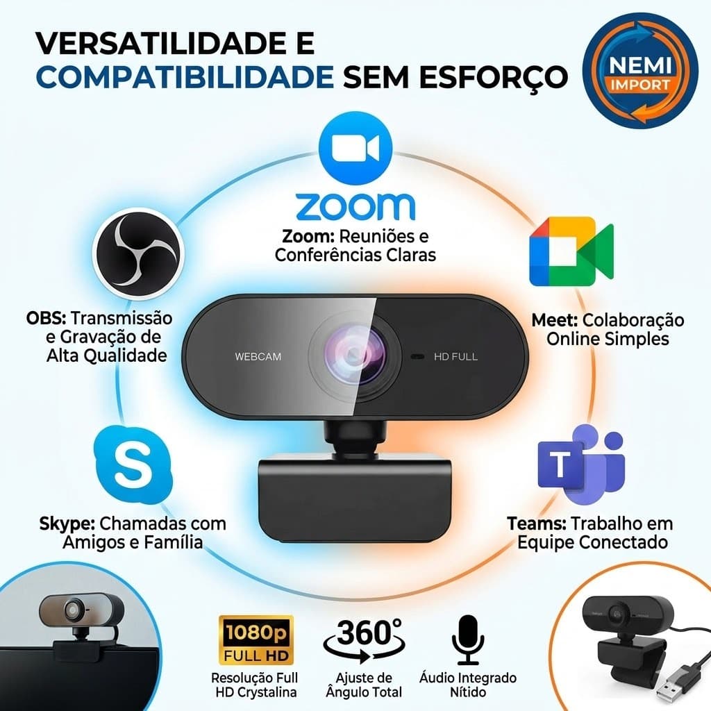 Webcam Full HD 1080p XWF-1080P Microfone USB Plug and Play Para PC Notebook Desktop Home Office EAD