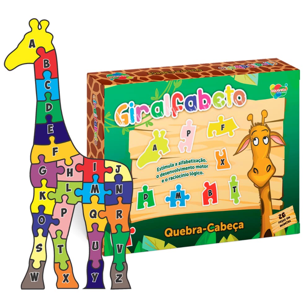 Giralfabeto Quebra-Cabeça Alfabeto em Madeira Educativo Infantil 26 Peças Aquarela Brinquedos