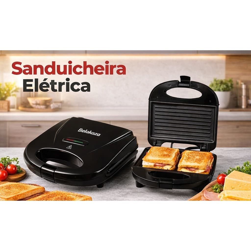 Grill Sanduicheira Elétrica BelaKaza 127V - Aquecimento Duplo, Design Compacto, Luz Sinalizadora