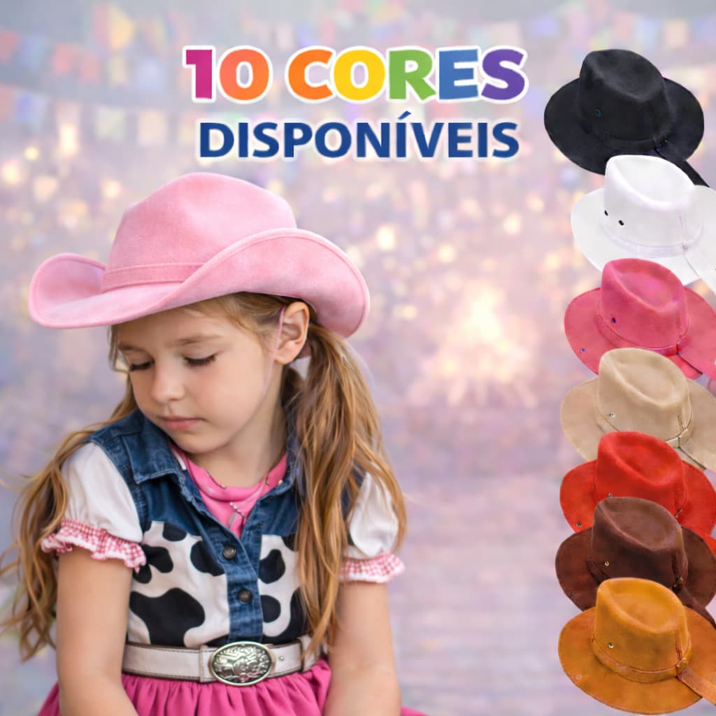 Chapéu Country Juvenil Boiadera Criança 7- 14 Anos, Camurça Texas Várias Cores Unissex