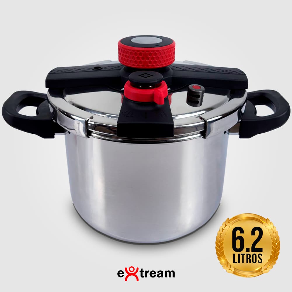 Panela de Pressão Aço Inox Fundo Triplo SecureLock Pro Extream Indução e Gás - 6,2L 4,5L 8L Fechamento Externo
