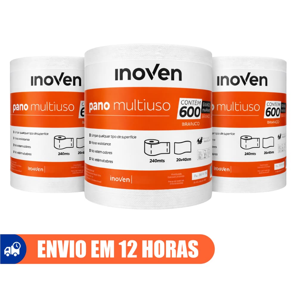 Kit Até 3 Rolos 20cm x 240m Pano Multiuso 1800 Panos Perfex Limpeza Branco Inoven