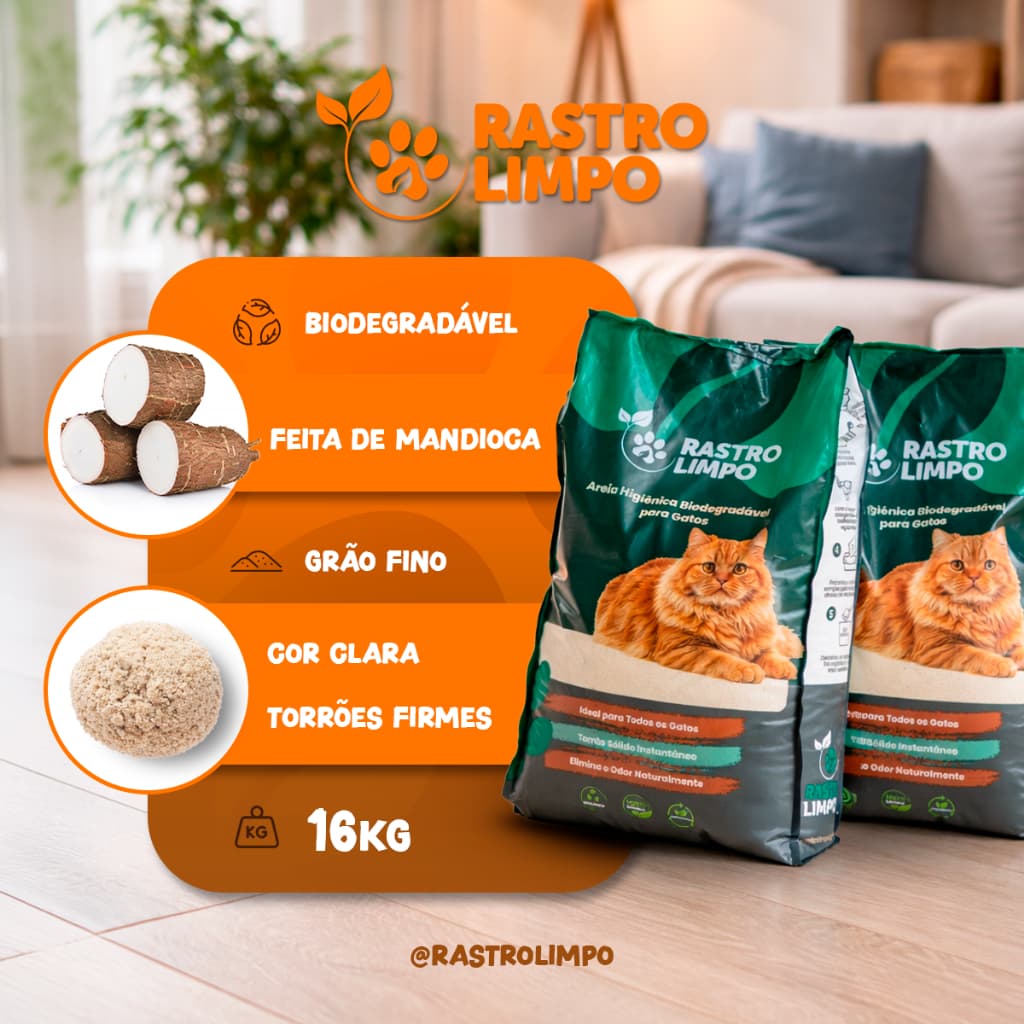 Areia 16 Kg para Gatos Biodegradável Grãos Finos Rastro Limpo - Premium Torrões Firmes Higiênica