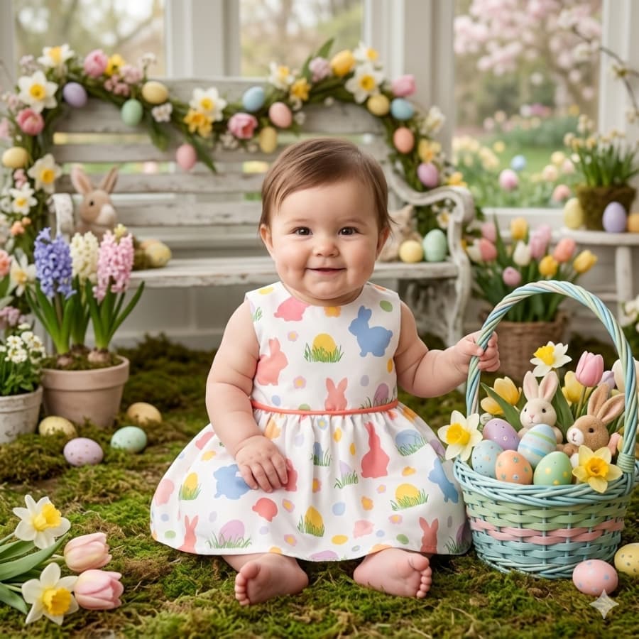 Vestido Infantil Temático Coelho Páscoa Luxo Menina Forrado Detalhe na Cintura e Botões de Pressão