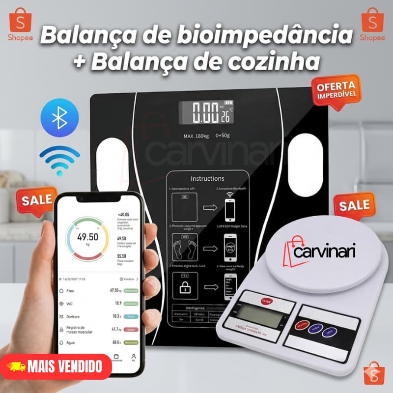 Kit 2 Balanças Digital Cozinha e Bioimpedância Para Dieta e Nutrição Fitness