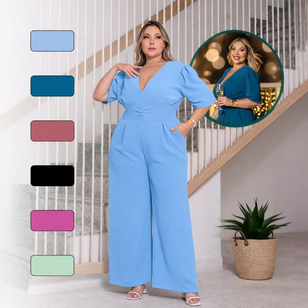macacão feminino plus size longo pantalona com lastex modelador novo lançamento