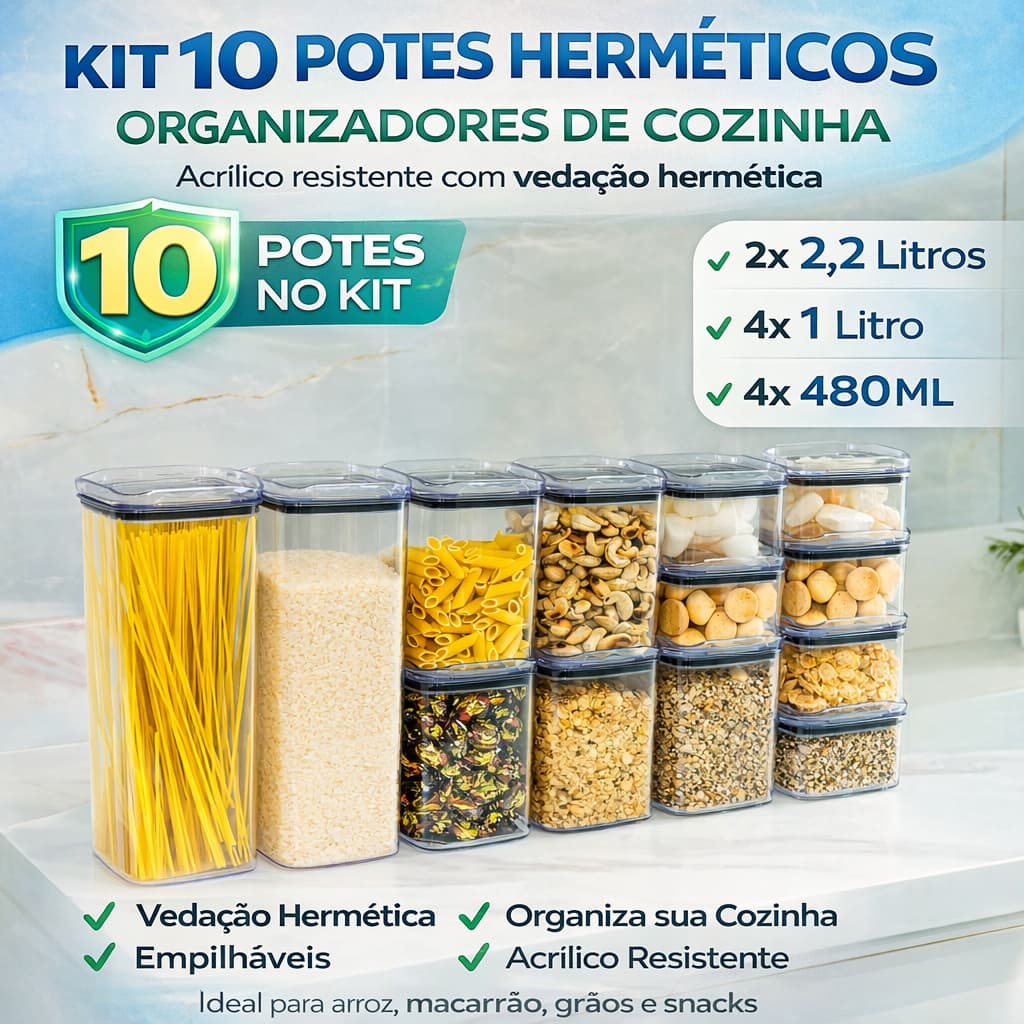 Kit 10 Pote Hermético Organizadores Empilhável em Acrílico Organizador para Alimentos