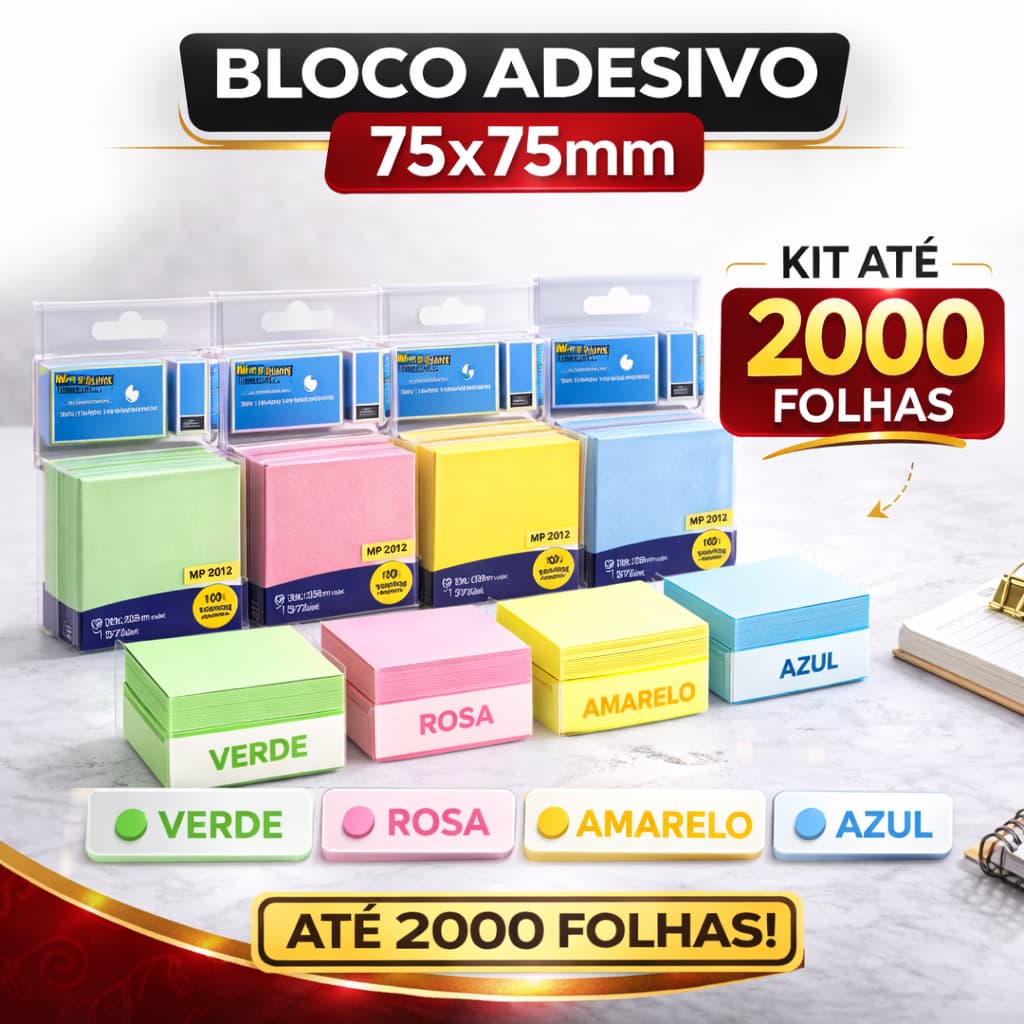 KITS COM 400, 800, 1200, 1600 e 2000 FOLHAS BLOCO ADESIVO 75x75mm POSTITI PASTEIS PAPELARIA AULAS