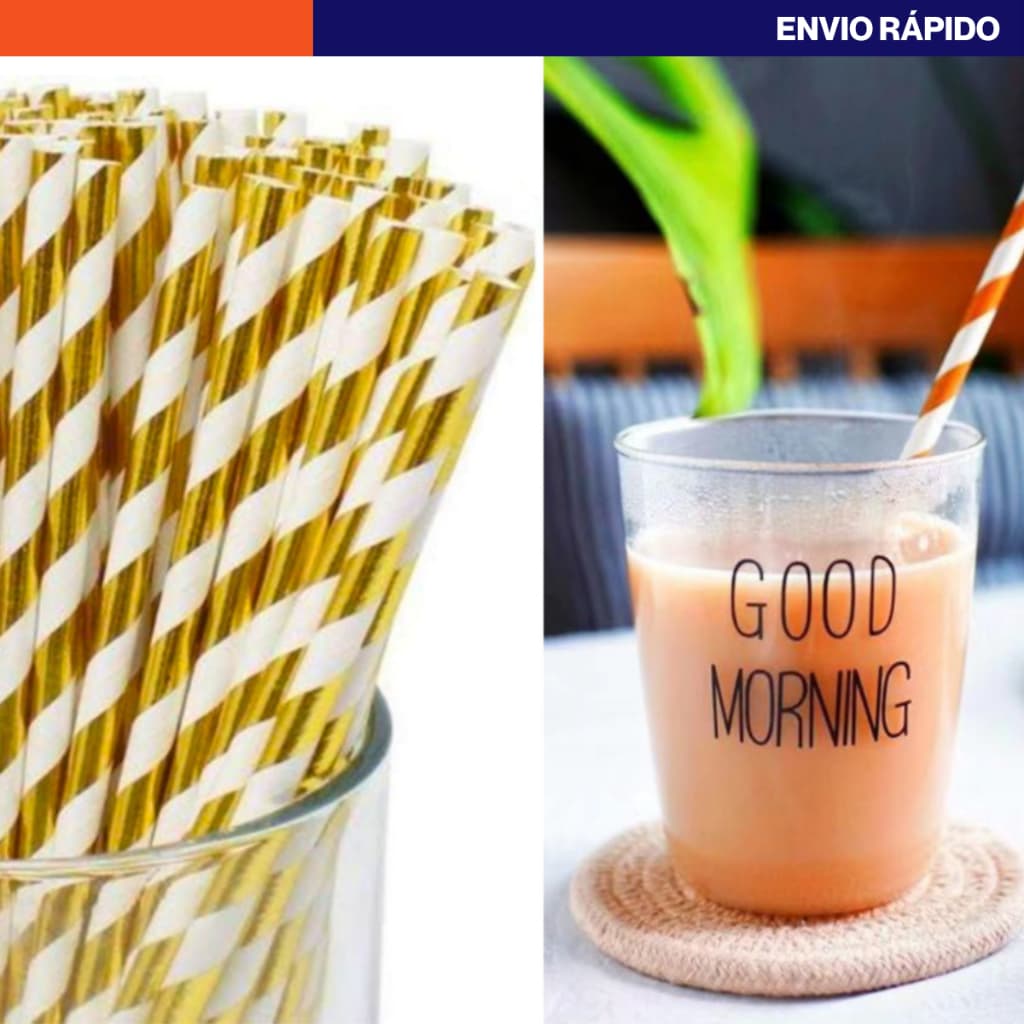 Kit 25 Canudos Descartáveis Branco com Dourado Listras Metalizadas Canudo Festa 6mm Super Resistente