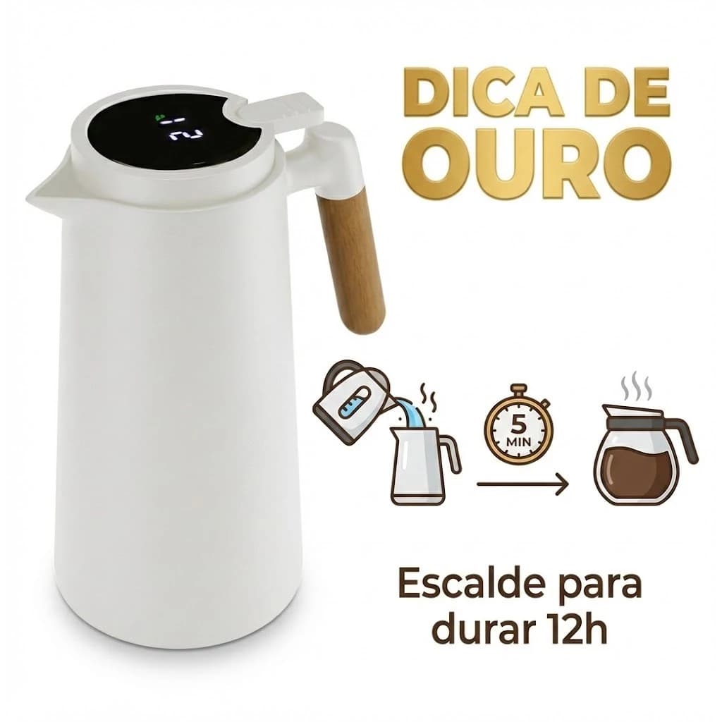 Garrafa Térmica 1L com Termômetro Digital e Cabo de Madeira/Café 1 Litro Com Termômetro Led Para Chás-O14