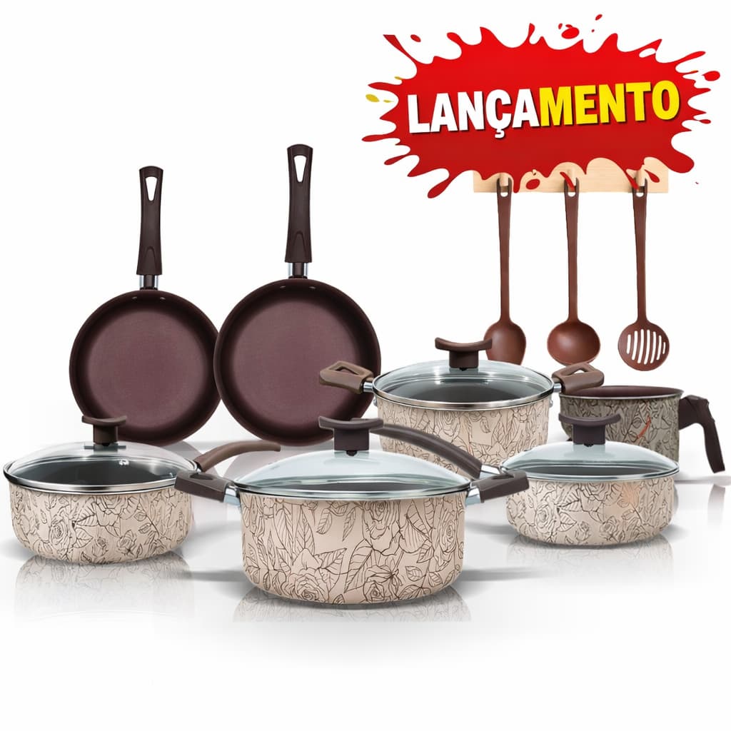 Jogo de Panelas Antiaderente 10 Peças - Com Tampas de Vidro e Utensílios, Cabos Térmicos