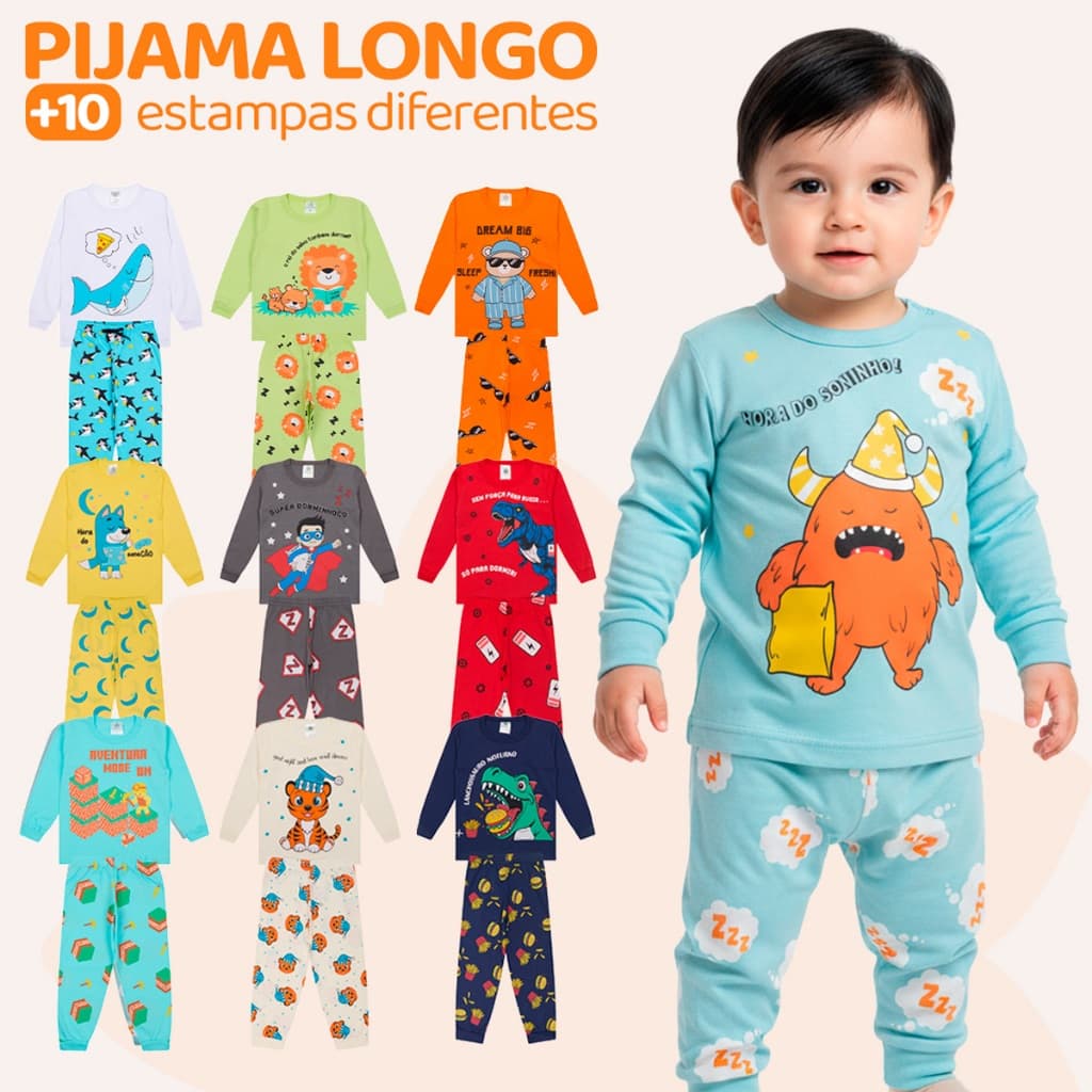 Kit Sortido 2, 6 ou 10 Peças Pijama Manga Longa Bebê Menino Comprido Infantil Masculino De Algodão para Frio