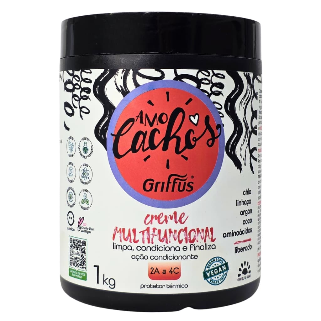 Creme Multifuncional Limpa, Condiciona e Finaliza 2A a 4C Vegano Amo Cachos Griffus 1kg