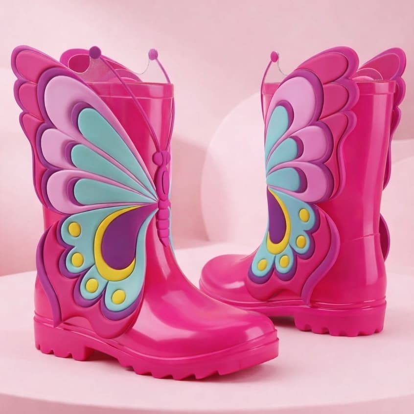 Bota Infantil Galocha Femininas Menina Cano Alto Impermeável Borboletas Alta Estilosa
