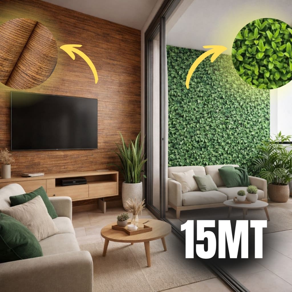 15 mts Papel De Parede Lavável Adesivo Folhagem e Estilo Madeira realista Folhas Verdes auto Colante Impermeavel