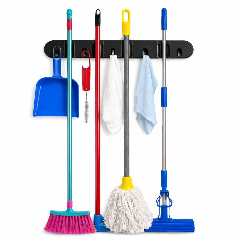 Suporte Parede Organizador Vassoura Rodo Pá Mop Pano Chave Preto