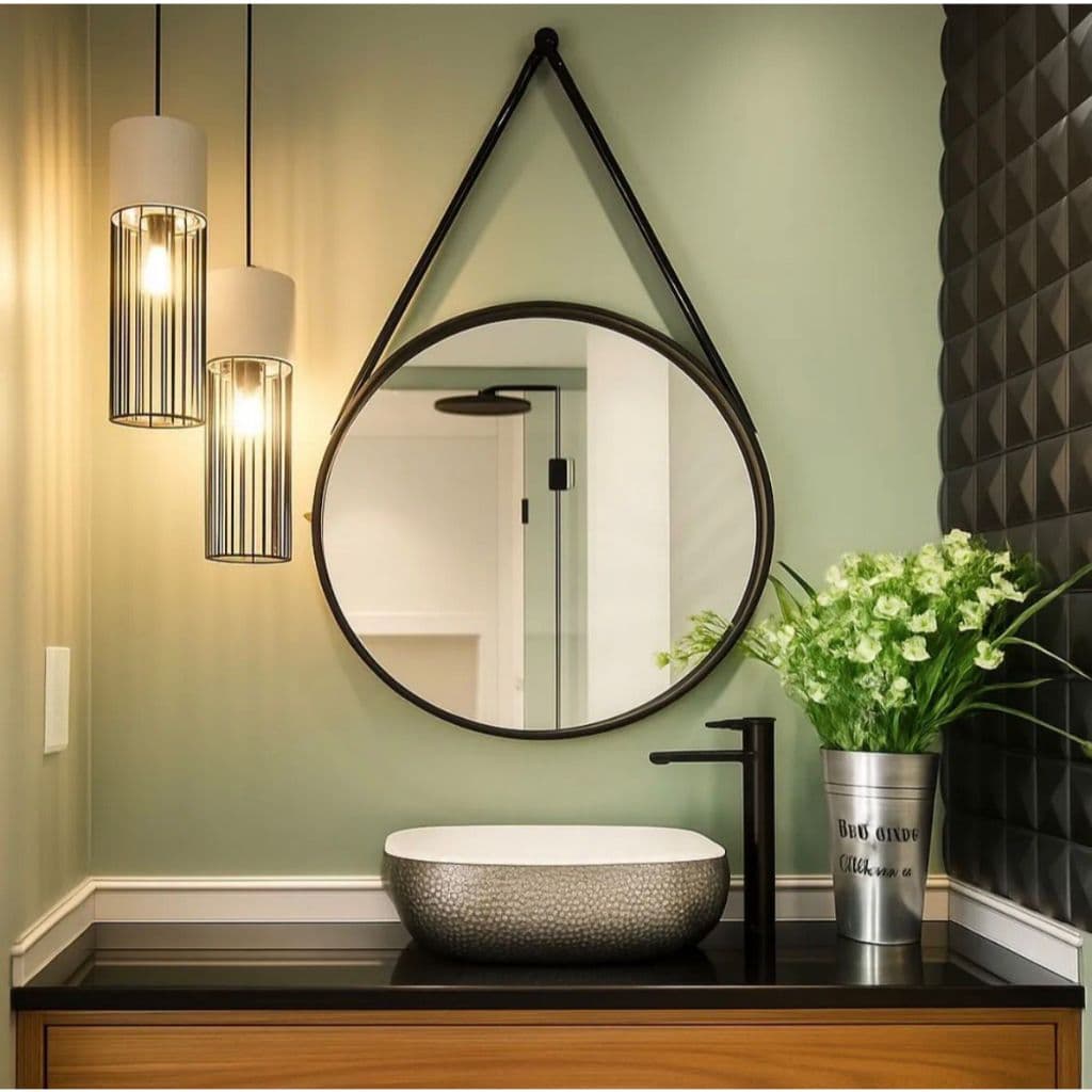 Espelho Redondo Decorativo Adnet 20 cm alça de couro Escandinavo banheiro sala salão escritorio, Lavabo, Quarto+ Suporte