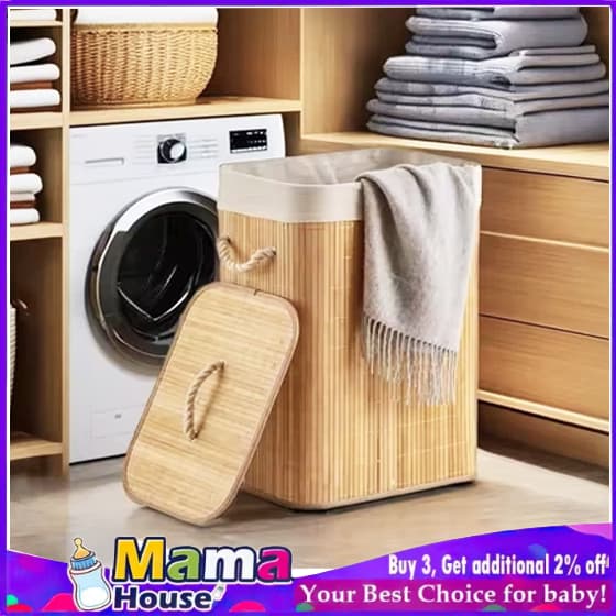 Cesto de Armazenamento em Bambu 50L para Roupa Suja, Cesto Grande com Tecido Forrado, Organizador de Quarto e Banheiro