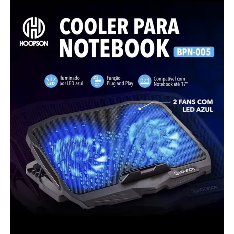 Base Cooler Notebook Hoopson LED Azul 2 Fans Silencioso USB Ajustável Ergonômico Original com Garantia