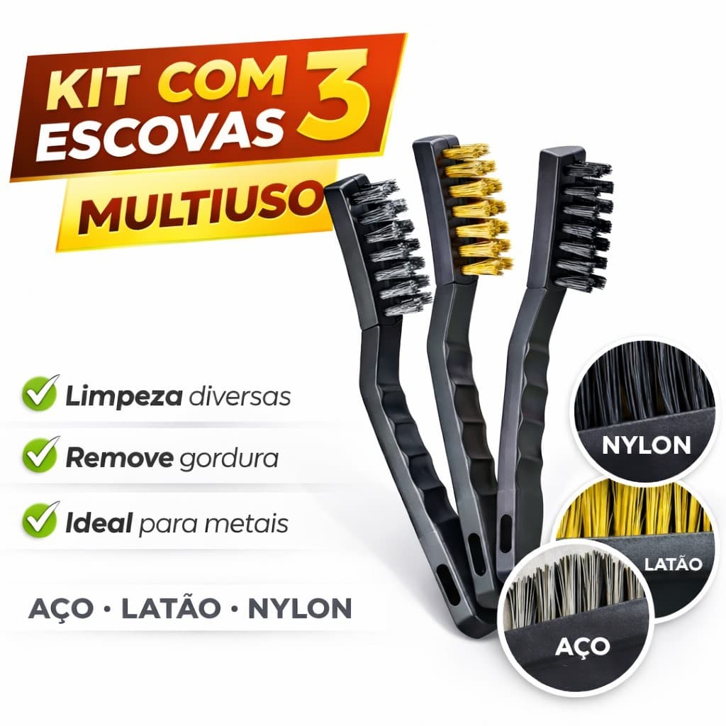 Kit 3 UN de Escova Multiuso Aço Nylon Latão para Limpeza Pesada Detalhada e Superfícies Difíceis