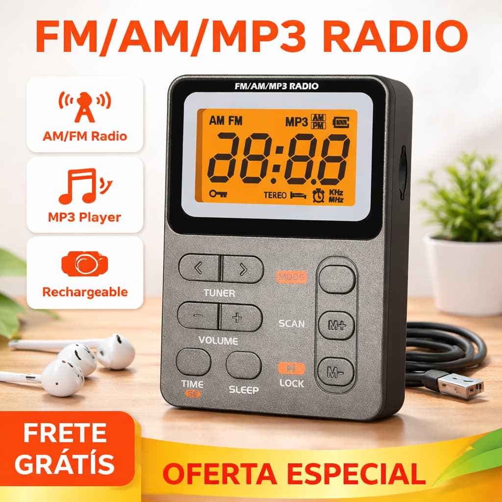 Mini Rádio Digital Am/fm e mp3 Estéreo Portátil Com Fone De Ouvido iBoa Presentes