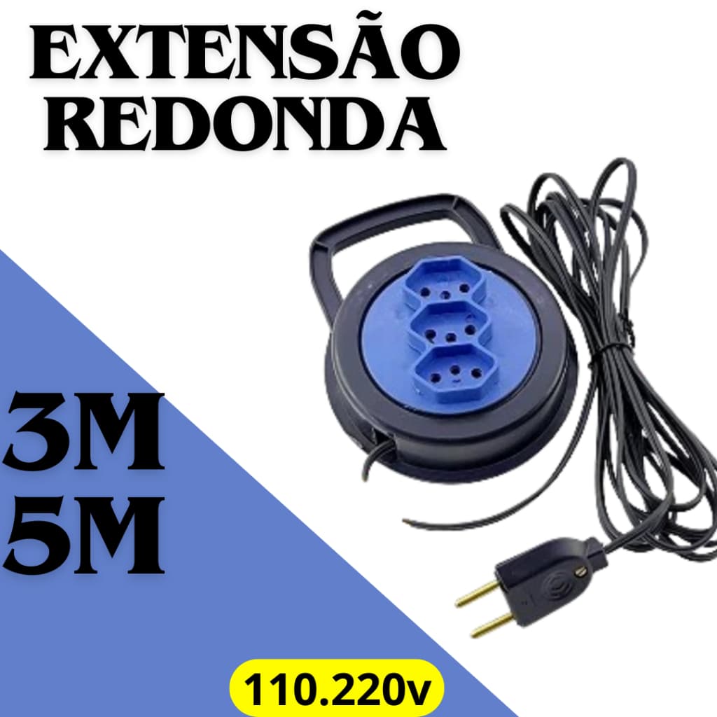 Extensão Elétrica Retrátil Redonda 3m/5m 110/220v 10A - Cores Sortidas
