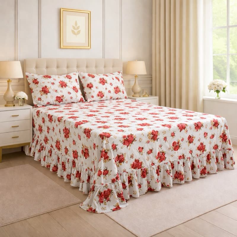 Colcha Lençol Babado Casal Queen 03 Peças Micropercal Toque de Algodão - Completo + Fronha