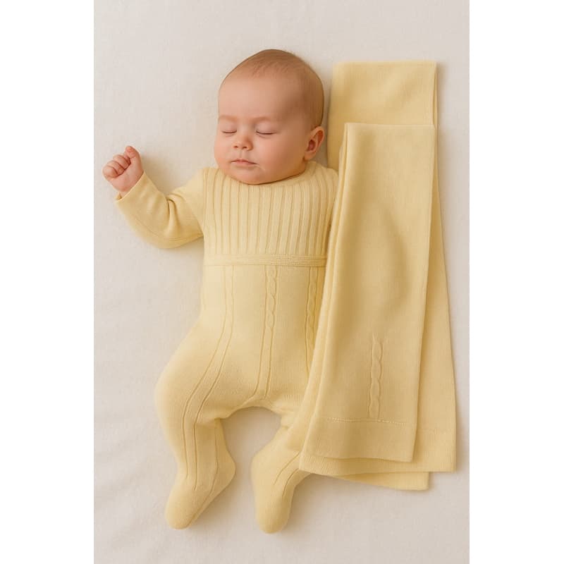 Saída de Maternidade Tricô Amarelo Unissex com Macacão e Manta RN 0 a 3 Meses