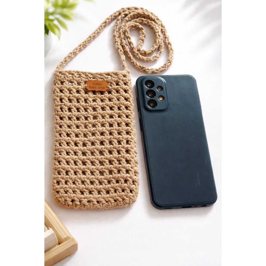 Bolsa de crochê Porta Celular Artesanal com Alça Transversal Estilosa Capinha Silicone Proteção Capa iphone