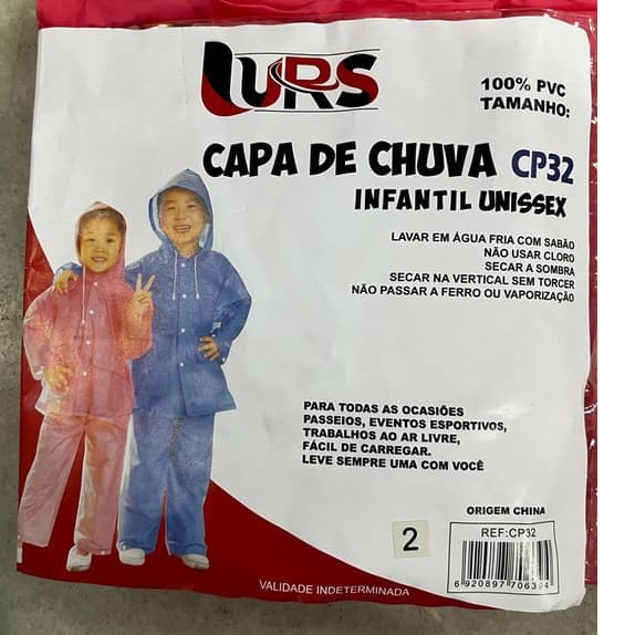 CAPA DE CHUVA UNISSEX INFANTIL URS CP 32 PROTEÇÃO + CONFORTO PARA DIAS DE CHUVA