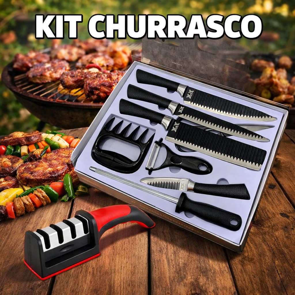 Kit Churrasco 8 Peças Afiador Facas Gourmet Premium Maleta Luxo Presente Completo
