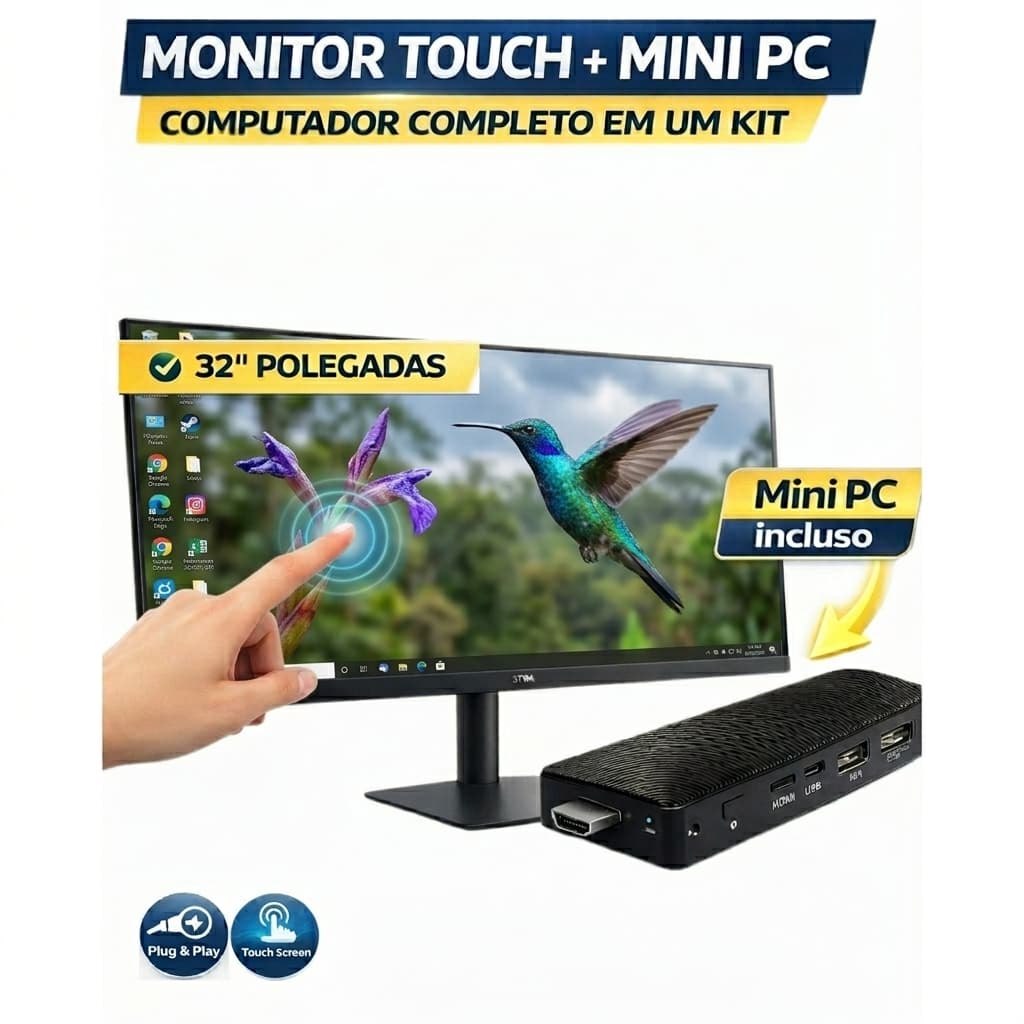 Mini PC Portátil com Monitor Touchscreen 32” 100Hz – Computador Completo Compacto