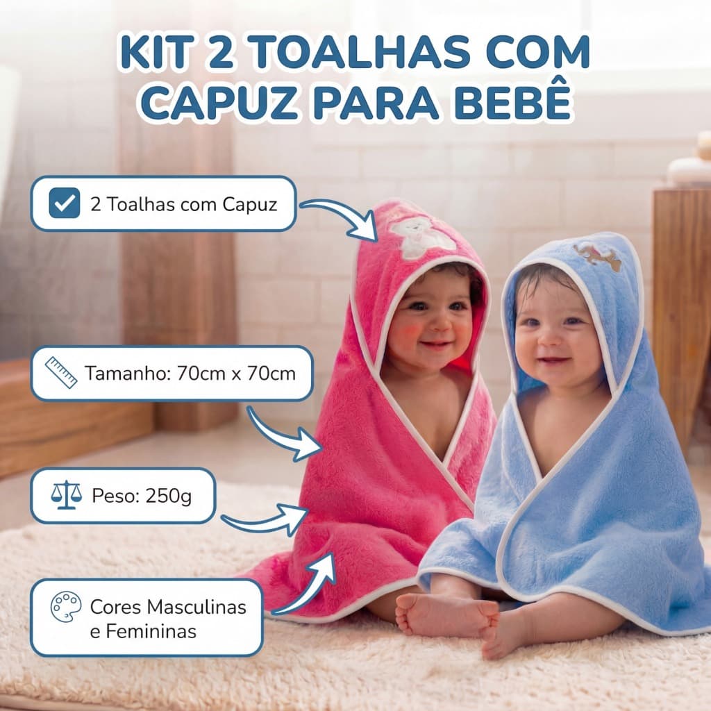 Kit 2 Toalha De Banho para Bebê Felpuda Infantil Com Capuz Roupão