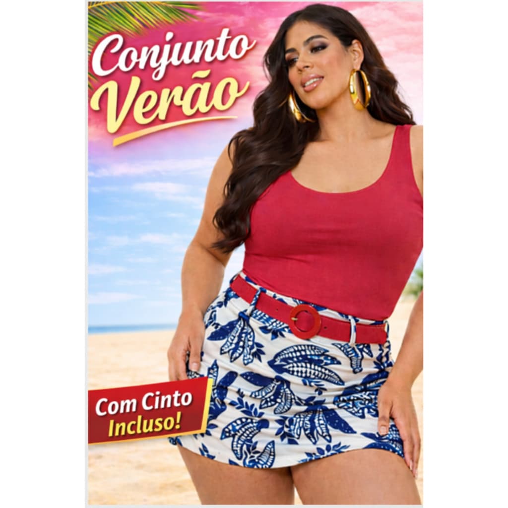 Conjunto Feminino Short Saia Cinto e Blusa Regata Suplex Estampado Cintura Alta Verão Moda Praia