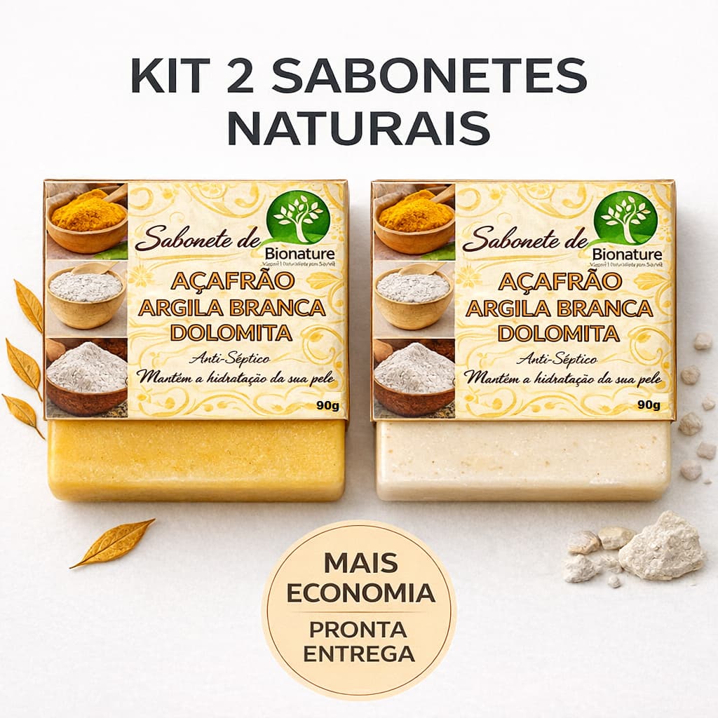 Kit 2 Sabonetes Naturais Açafrão Argila Branca e Dolomita Clareador Antiacne Foliculite Depilatorio