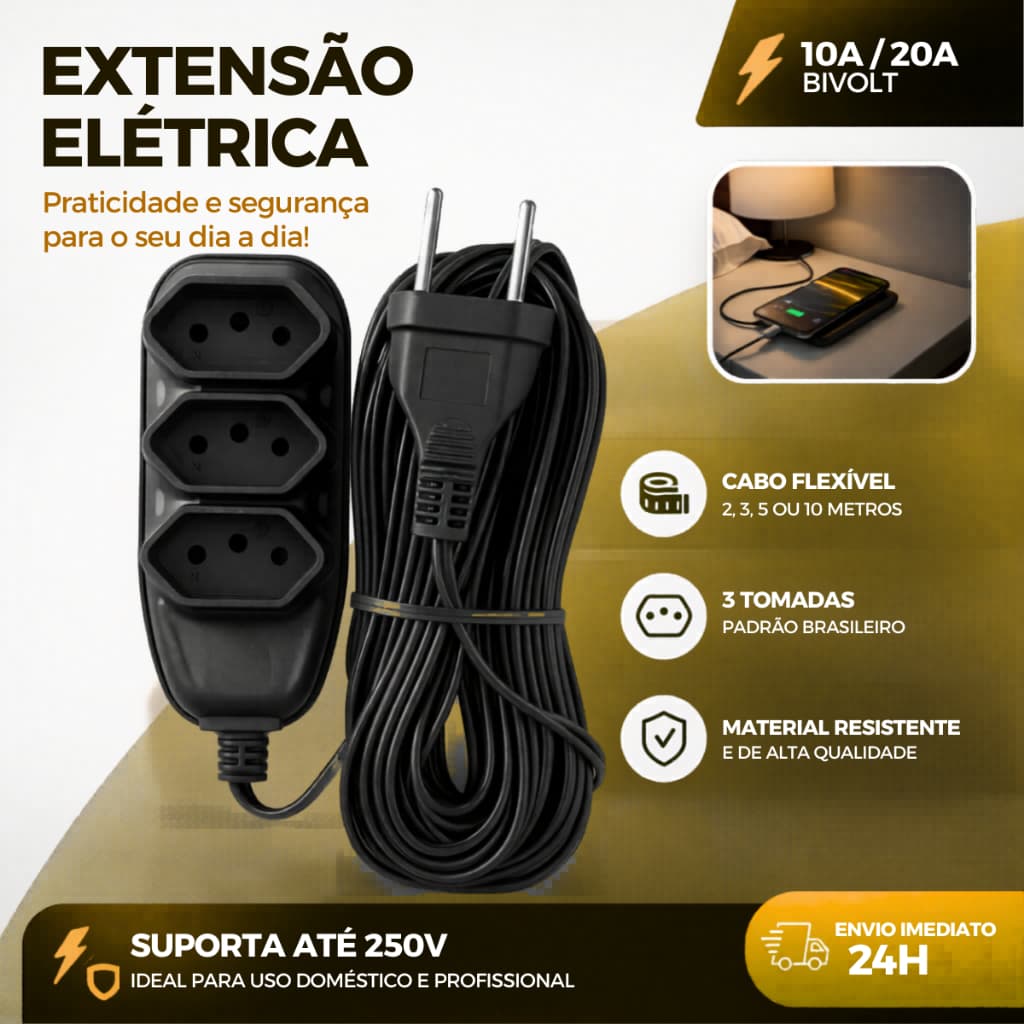 Extensão elétrica 2, 3, 5 e 10 Metros Tomadas Compacta Vários Tamanhos