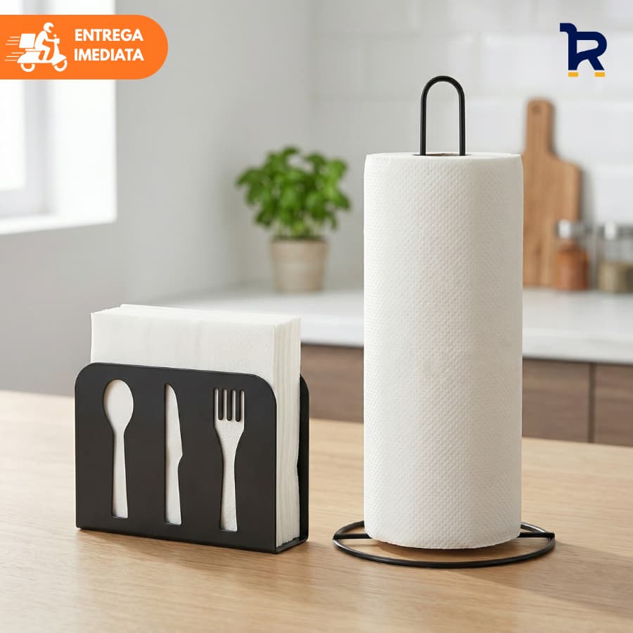 Kit Porta Guardanapo + Suporte de Papel Toalha Aramado Preto Aço Reforçado Mesa Bancada Cozinha