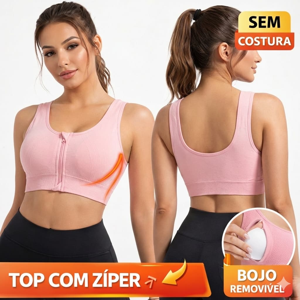 Sutiã Top Fitness Sem Costura Bojo Removível Zíper na Frente Tipo Academia