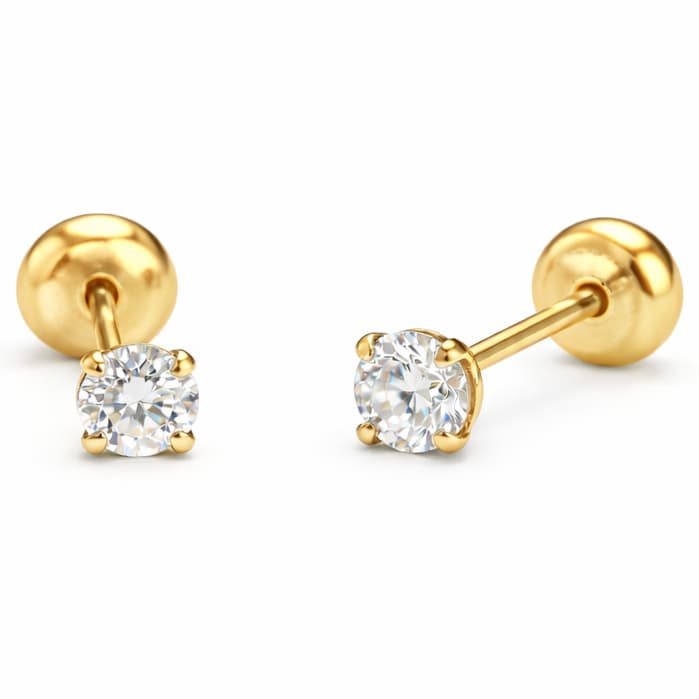 Brinco Pedrinha Zircônia 3mm Folheado a Ouro 18k com Tarraxa Baby Segurança e Conforto - Bebê e Segundo Furo Menina