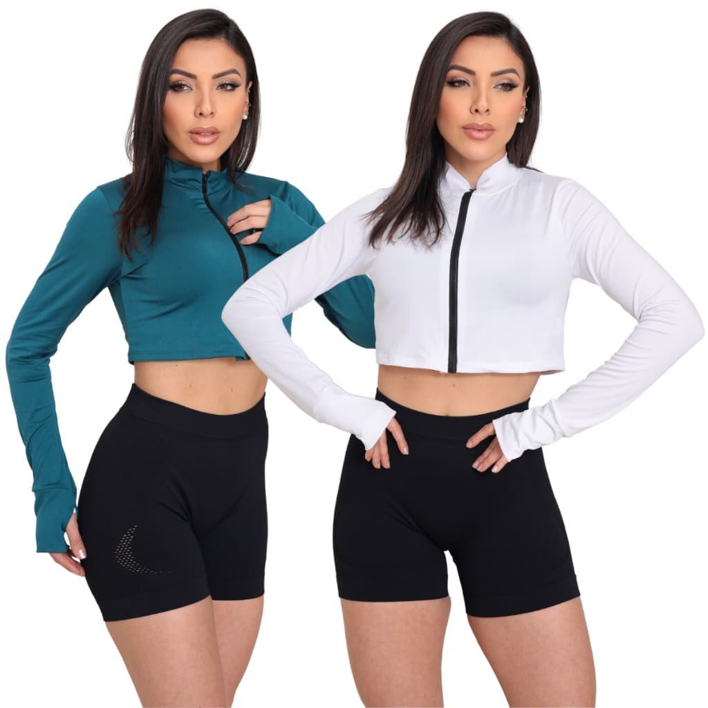 Kit 2 Cropped Manga Longa Jaqueta Academia Top Feminino Exercício Poteção Solar UV Ziper Dedeira