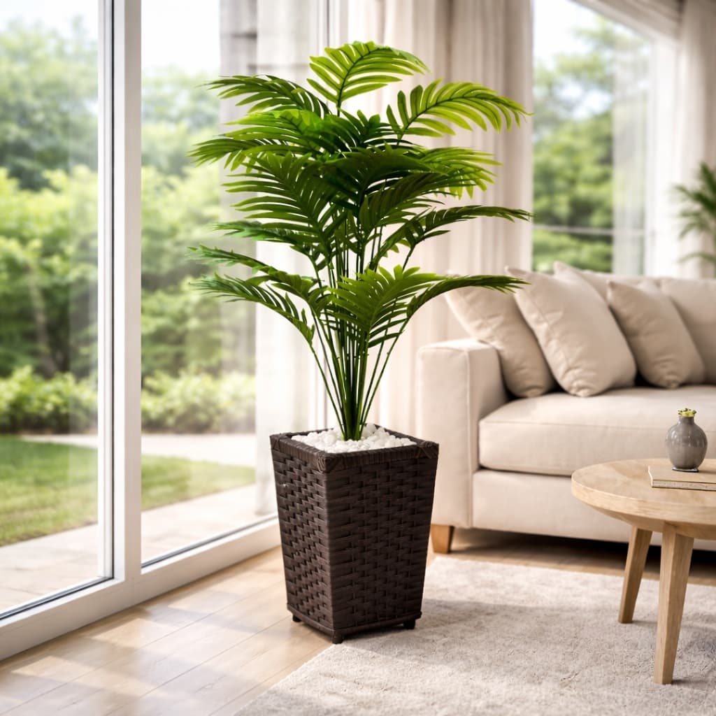 Planta Artificial Palmeira 24 Folhas com Vaso Decorativo Fibra Sintética – Planta Artificial Grande para Sala e Escritór